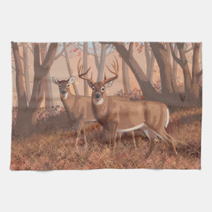 Whitetail Deer In Forest Retro Style Nature Tea Towel