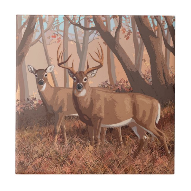 Whitetail Deer In Forest Retro Style Nature Tile (Front)