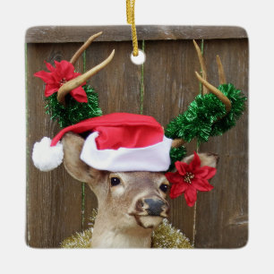 Whitetail Deer In Santa Hat & Christmas Garland Ceramic Ornament