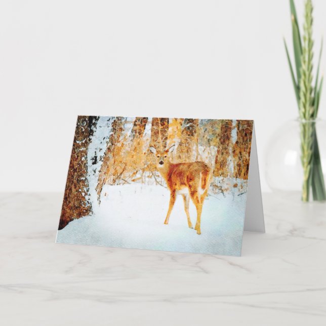 Whitetail Deer in Snow Watercolor Painting Blank Card (Front)