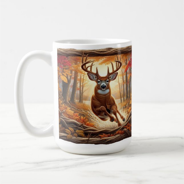 Whitetail Deer Leaping Through Vibrant Autumn For  Coffee Mug (Left)