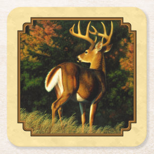 Whitetail Deer Monster Buck Yellow Square Paper Coaster