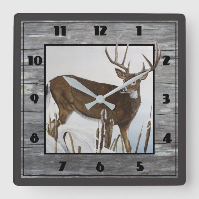 Whitetail Deer Rustic Design Square Wall Clock (Front)
