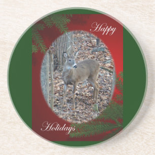 Whitetail Deer Spike Buck Happy Holidays Coaster