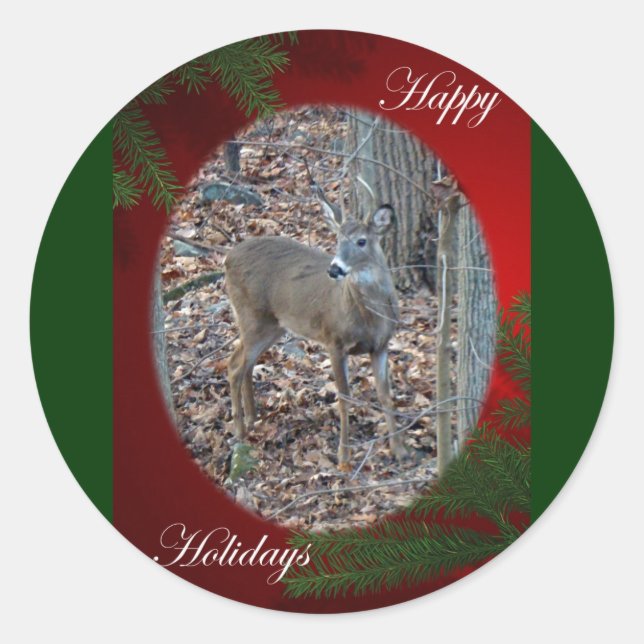 Whitetail Deer Spike Buck Happy Holidays Series Classic Round Sticker (Front)