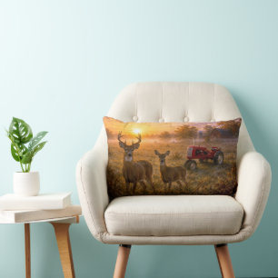 Whitetail Deer with Vintage Red Farm Tractor Lumbar Cushion