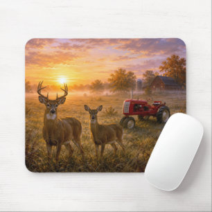 Whitetail Deer with Vintage Red Farm Tractor Mouse Pad