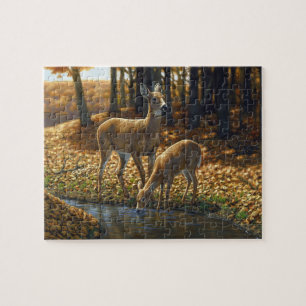 Whitetail Doe and Fawn Drinking from a Stream Jigsaw Puzzle