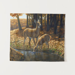 Whitetail Doe and Fawn Drinking from a Stream Tapestry