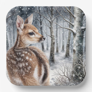 Whitetail Fawn In Winter Forest Paper Plate