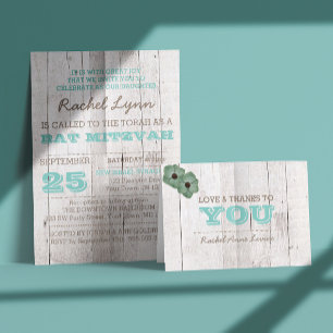 Whitewash Teal Bat Mitzvah Invitation