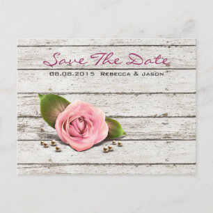 whitewashed wood pink rose french country wedding announcement postcard