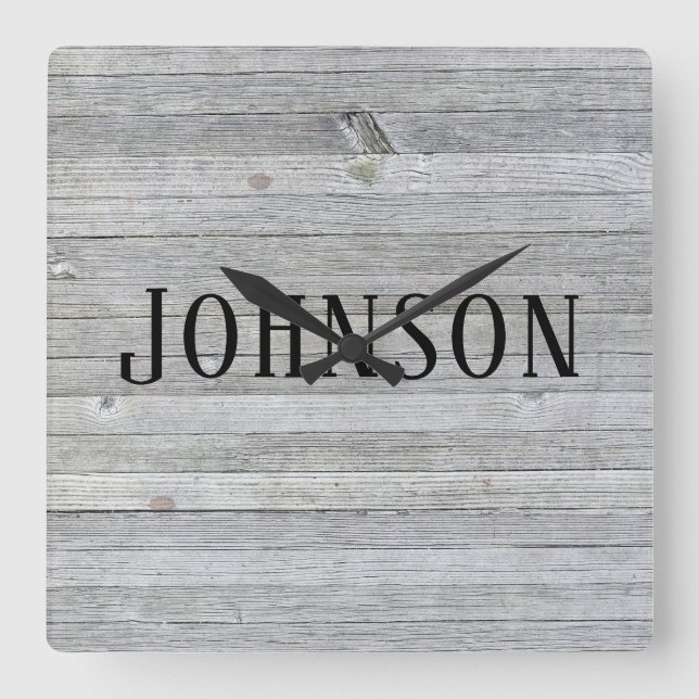 whitewashed wood with family name square wall clock (Front)