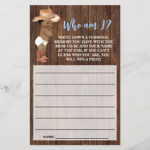 Who am I AA Cowboy Pink Baby Shower Game Card