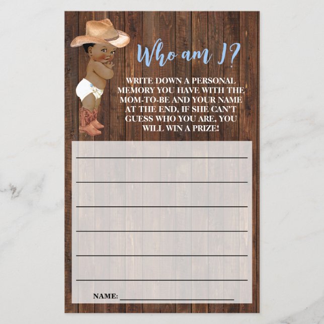 Who am I AA Cowboy Pink Baby Shower Game Card (Front)