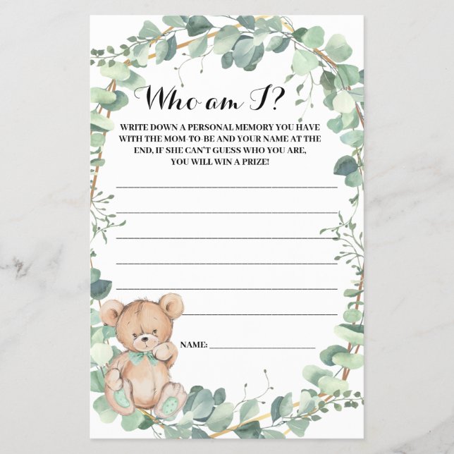 Who am I Bear Greenery Baby Shower Game Card (Front)
