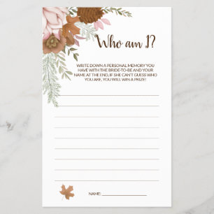 Who am I Boho Autumn Bridal Shower Game Card