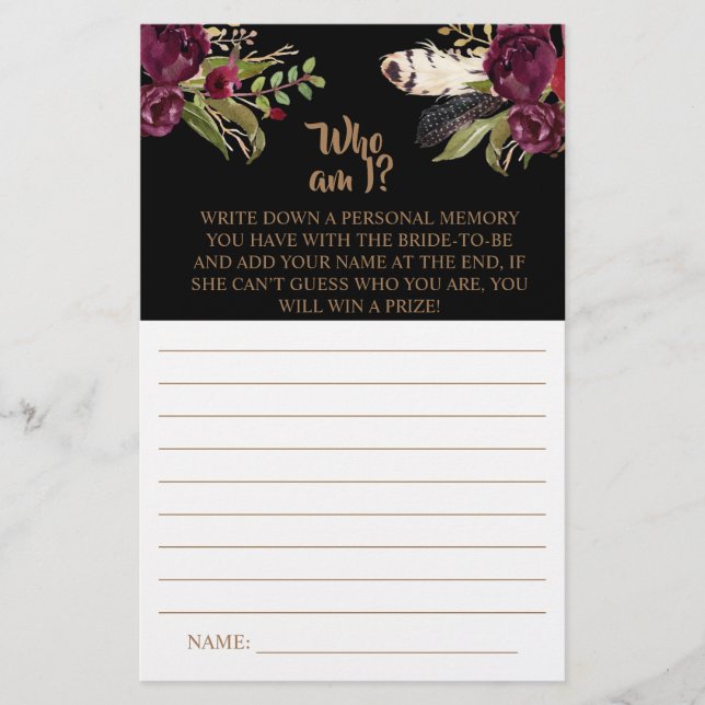 Who am I? Bridal Shower Game Card (Front)