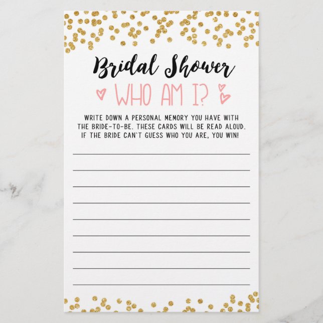 Who am I Bridal Shower or Hen Party game (Front)
