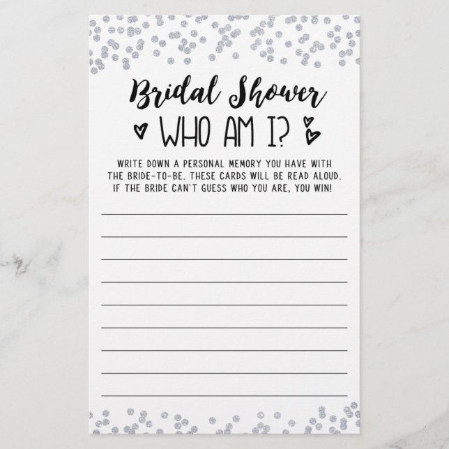 Who am I Bridal Shower or Hen Party game (Front)