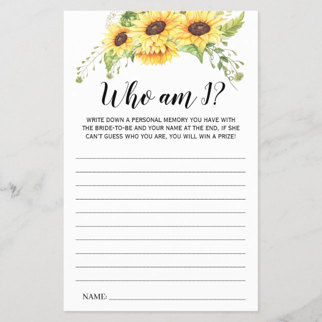 Who am I Bridal Shower Sunflowers Game Card (Front)