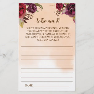 Who am I? Burgundy Flowers Bridal Shower Game Card