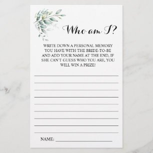 Who am I? Eucalyptus Bridal Shower Game Card