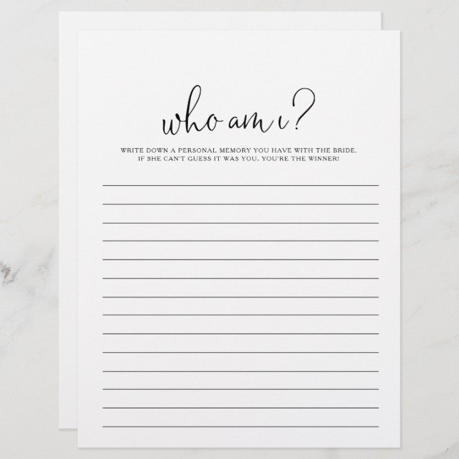 Who Am I Fancy Script Bridal Shower Game (Front/Back)