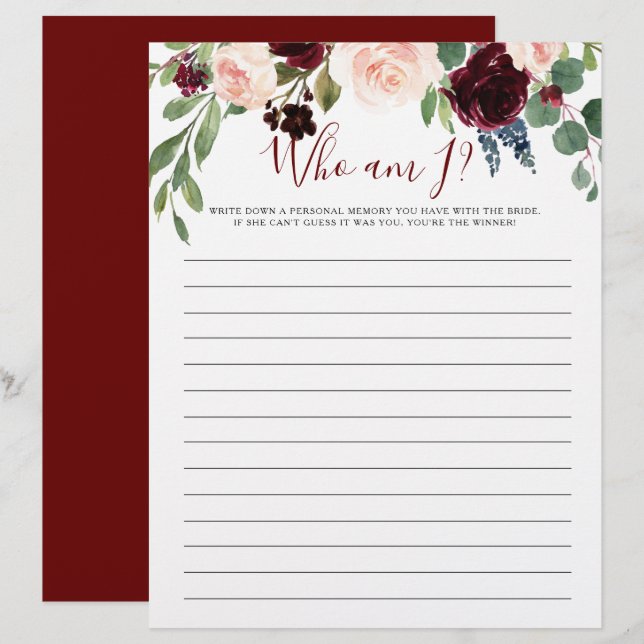 Who Am I Floral Bridal Shower Game (Front/Back)
