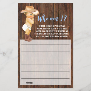 Who am I Little Cowboy Pink Baby Shower Game Card