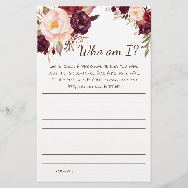 Who am I? Marsala Flowers Bridal Shower Game Card (Front)