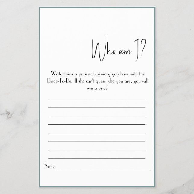 Who Am I? Shower Game Flyer (Front)