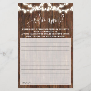 Who am I? Western Country Bridal Shower Game Card