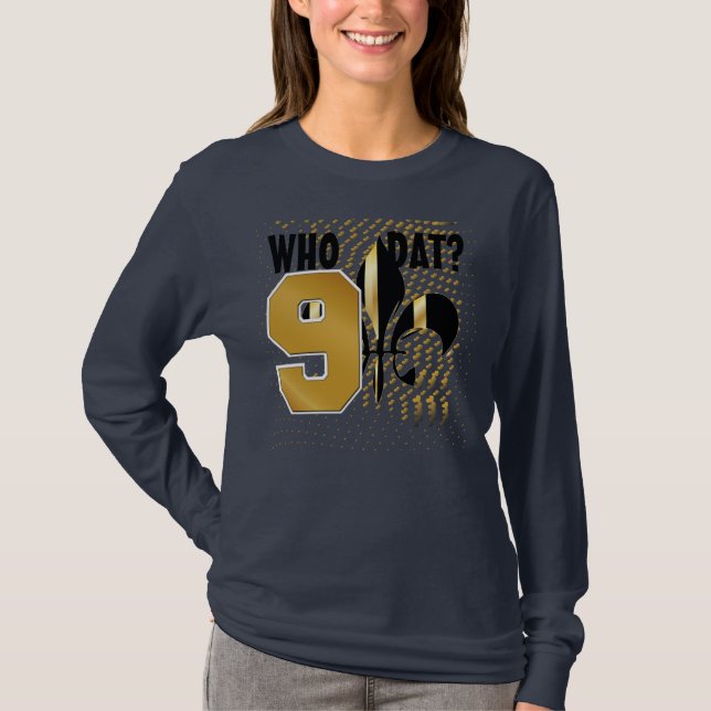 Who dat? No. 9/Black gold hearts/Fleur de Lis T-Shirt (Front)