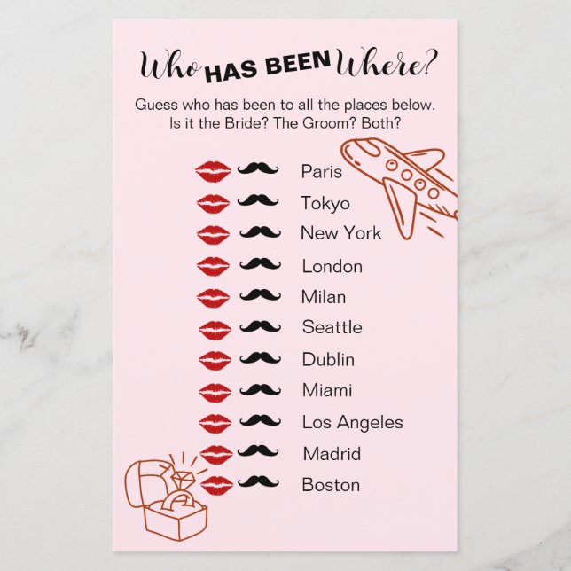 Who Has Been Where? Bridal Shower Travel Game  (Front)