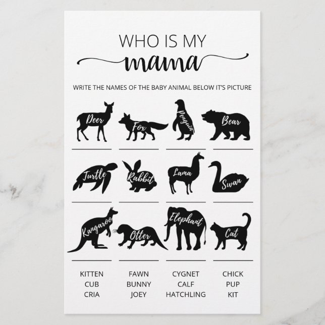 Who is my mama Game Baby Shower party game (Front)