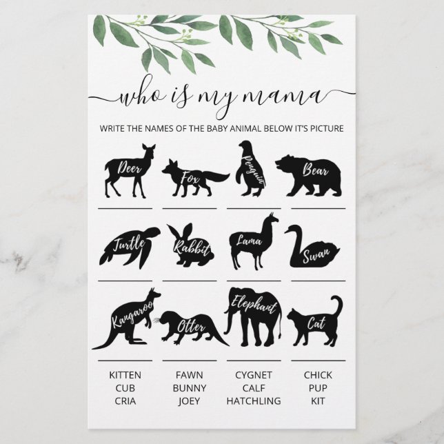 Who is my mama Game Baby Shower party game (Front)