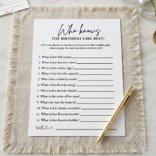 Who know the birthday girl best party game card