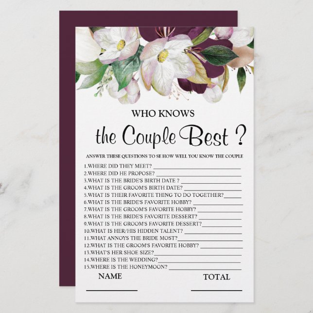 Who knows Couple best burgundy floral Bridal Game (Front/Back)