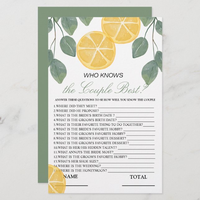 Who knows Couple best Lemon Bridal Game (Front/Back)