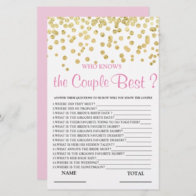 Who knows Couple best Pink Gold Bridal Game (Front/Back)