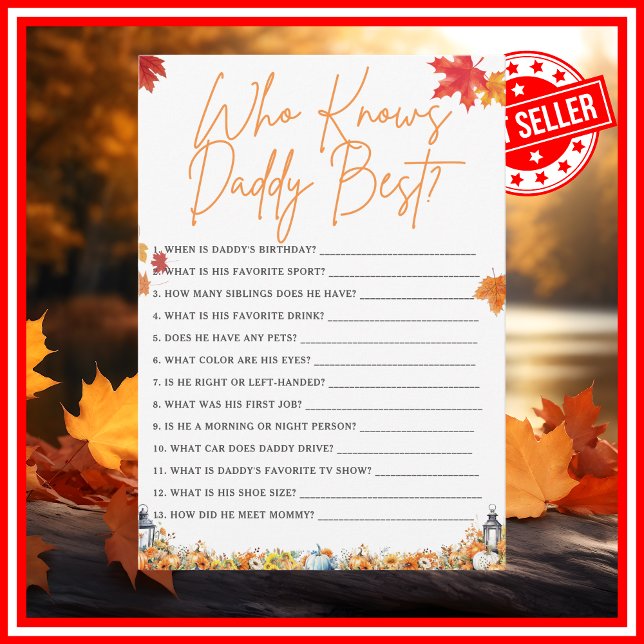 WHO KNOWS DADDY BEST Baby Shower Game PUMPKIN Invitation (WHO KNOWS DADDY BEST Easy Baby Shower Game A Little Pumpkin is on the Way Fall Autumn Theme)