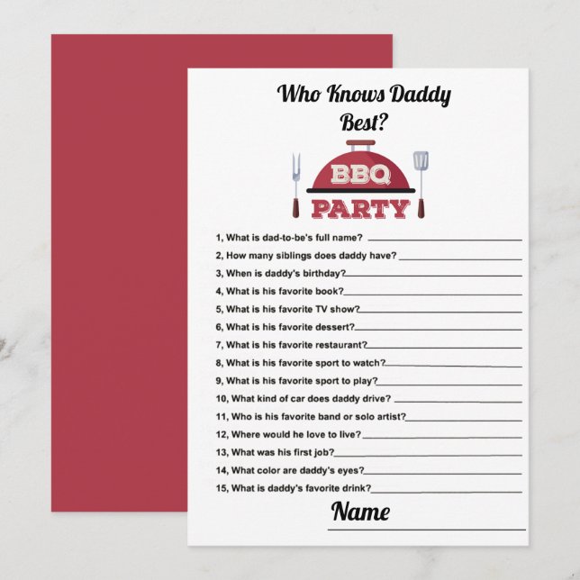 Who Knows Daddy Best BBQ Baby Shower Game Card (Front/Back)