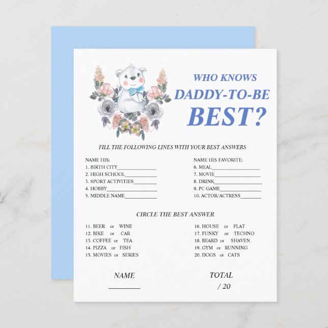 Who knows Daddy best Blue Baby Shower Game (Front/Back)