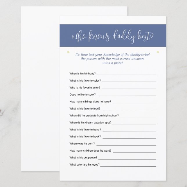 Who Knows Daddy Best Guessing Game Stars Blue (Front/Back)