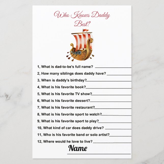 Who Knows Daddy Best Vikings Baby Shower Game Card (Front)