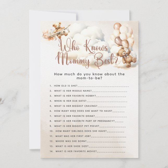 WHO KNOWS MOMMY BEST Questions Baby Shower Game Invitation (Front)