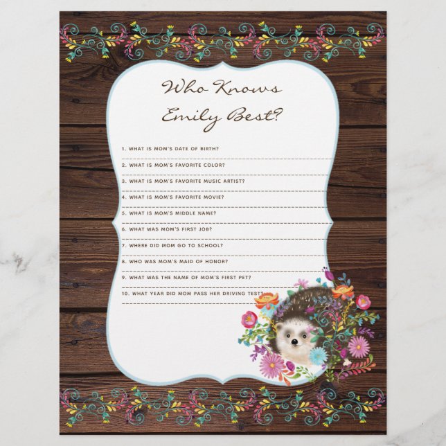 Who Knows Mum Best Baby Shower Game - Hedgehog (Front)