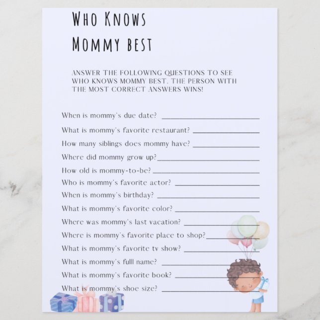 Who Knows Mummy Best Baby Shower Game (Front)