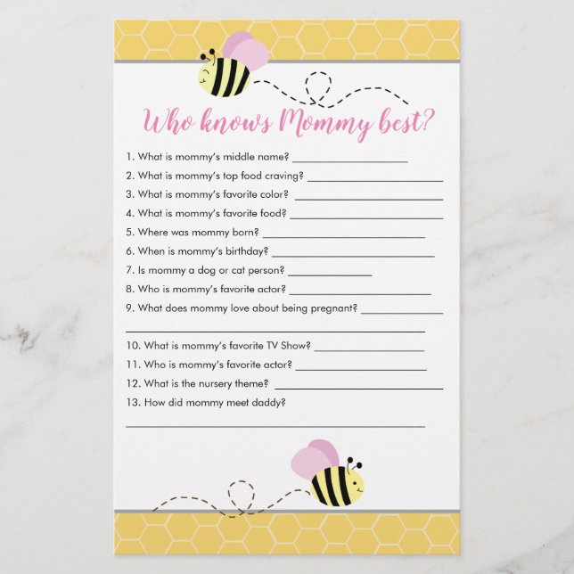 Who knows Mummy Best Bumble Bee Baby Shower Game (Front)